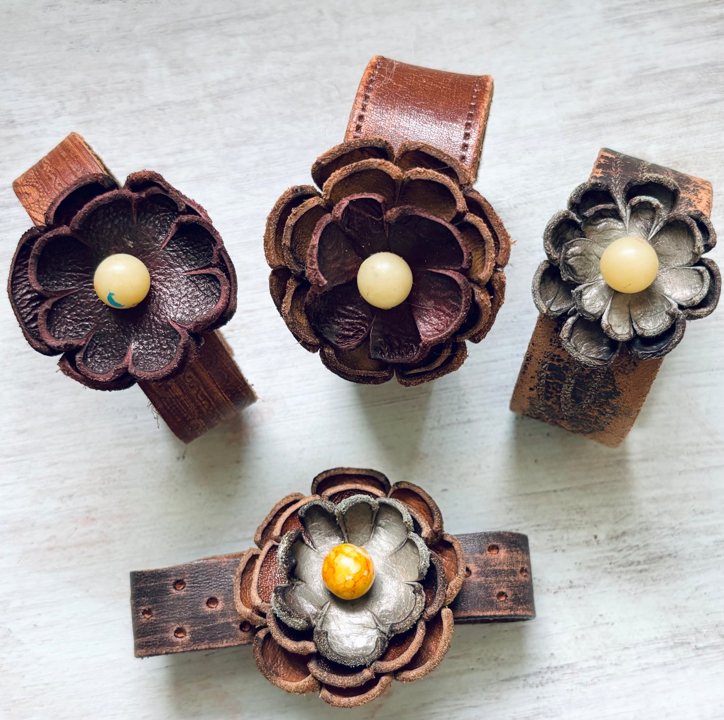 Handmade Distressed Leather Flower Bracelet