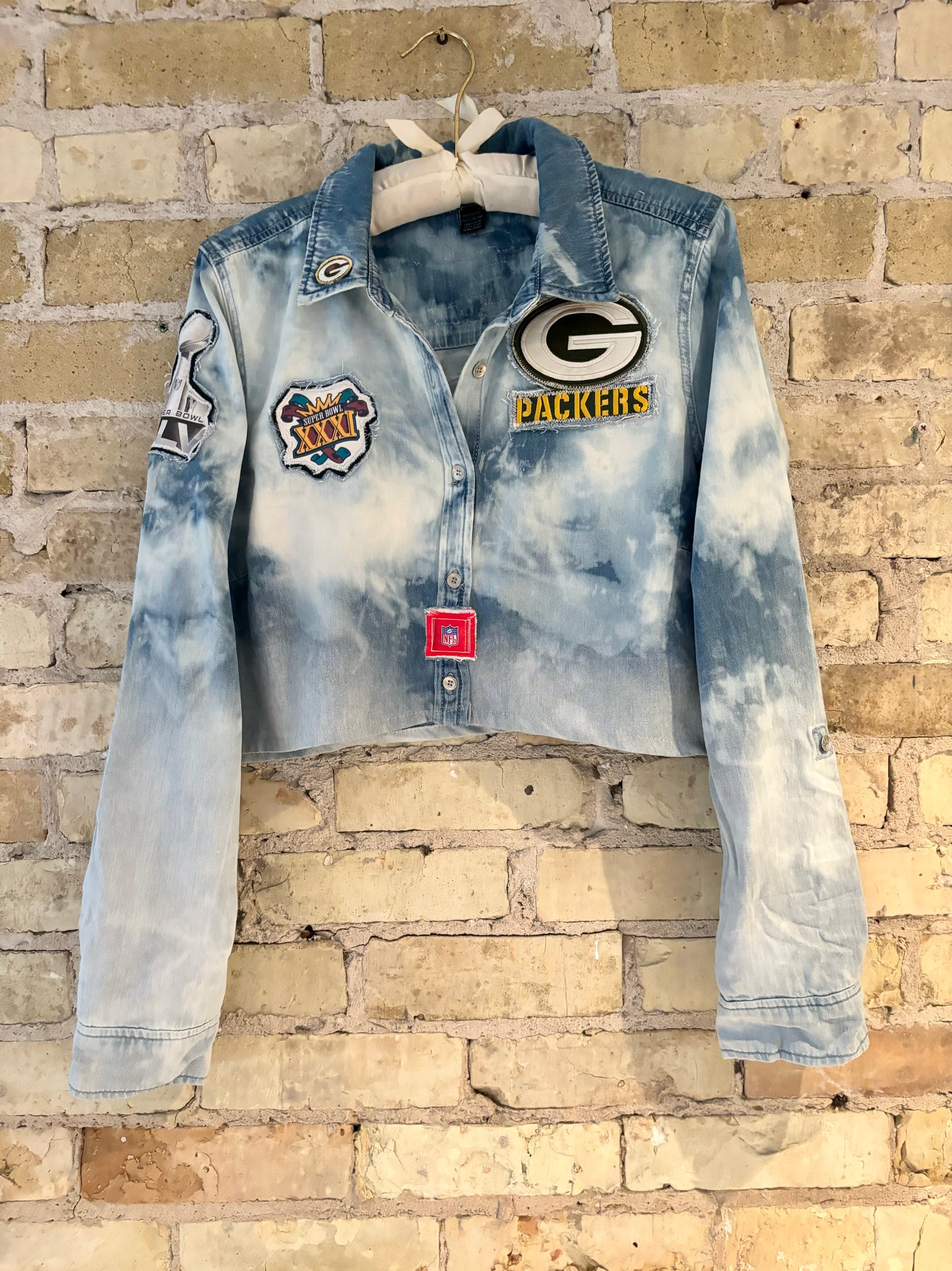 Reworked Game Day cropped distressed Denim Jean Shirt