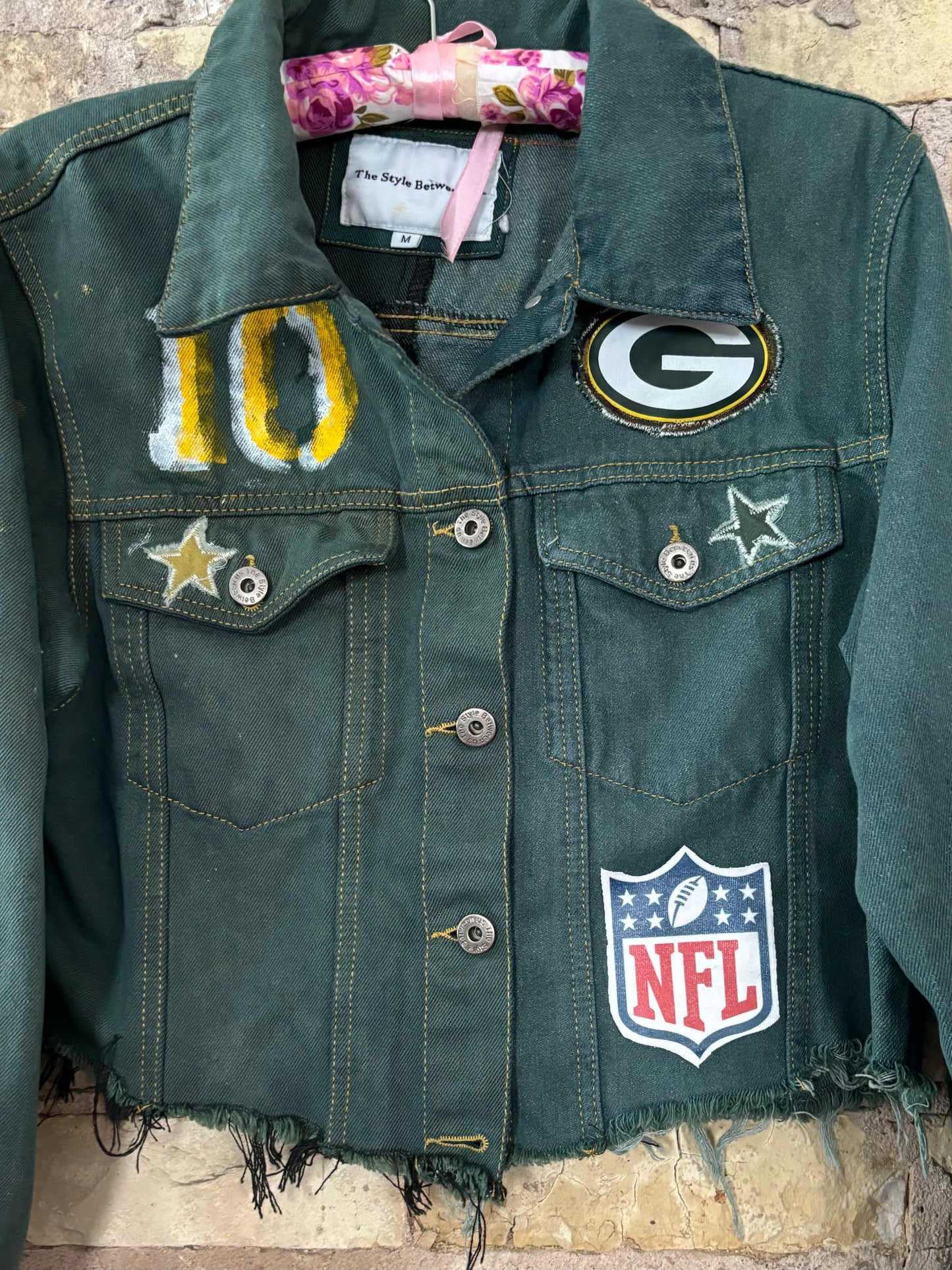 Reworked Spliced Denim Packers Game Day Jacket