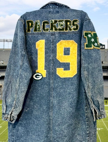 Reworked Packers Retro Game Day Acid Washed Denim Duster Coat