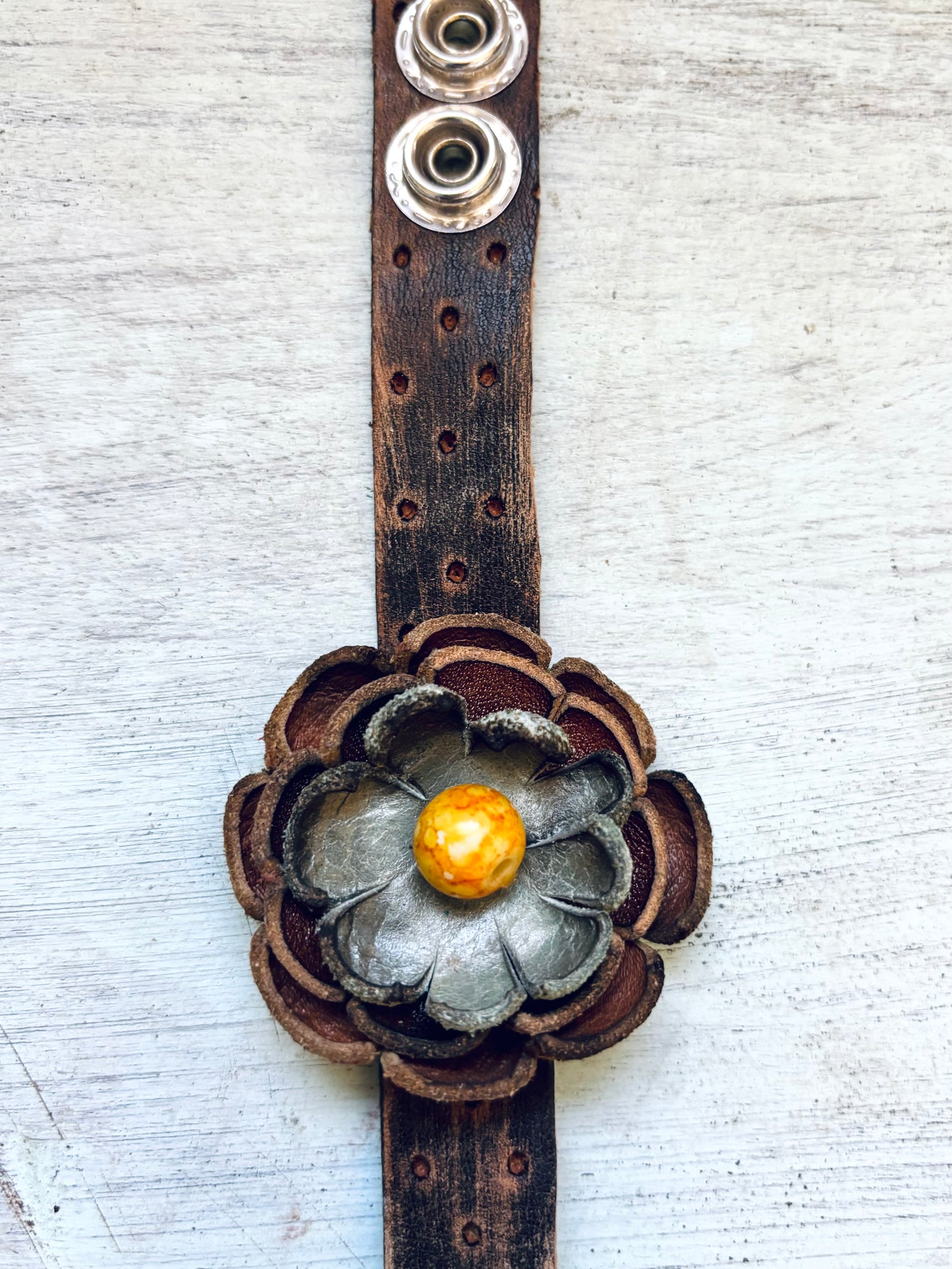 Handmade Distressed Leather Flower Bracelet