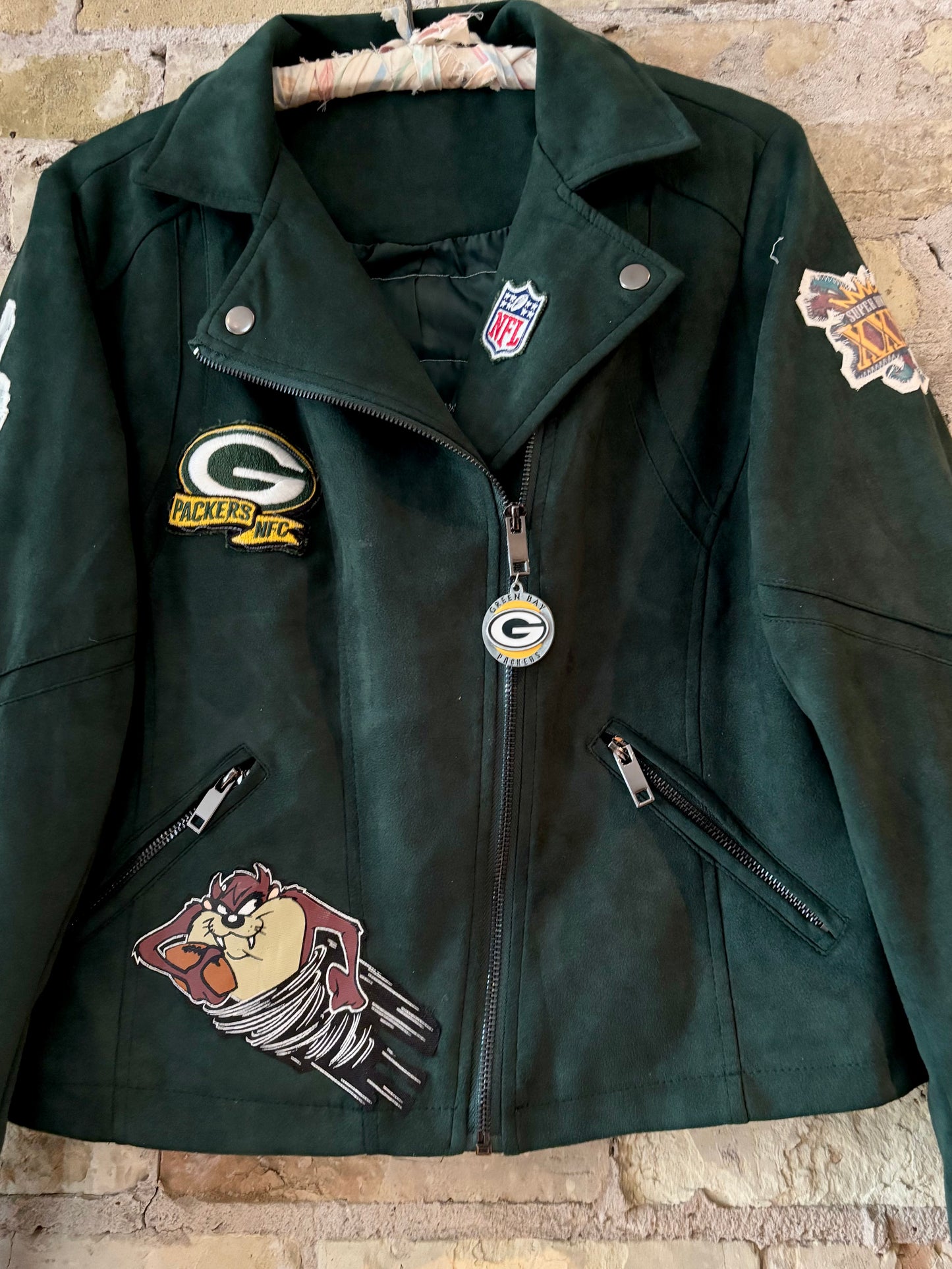 Reworked Green Moto Style velvet Packers Game Day Jacket