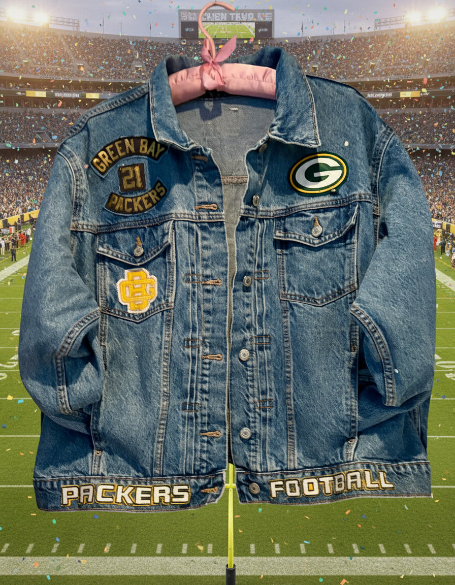 Reworked vintage stonewashed Game day Denim Jacket