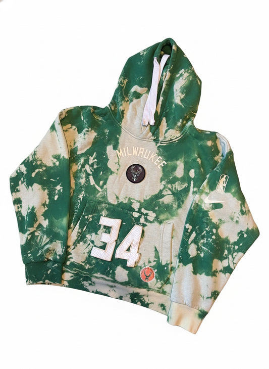 Reworked Custom Made Milwaukee Bucks Distressed Cropped Hoodie