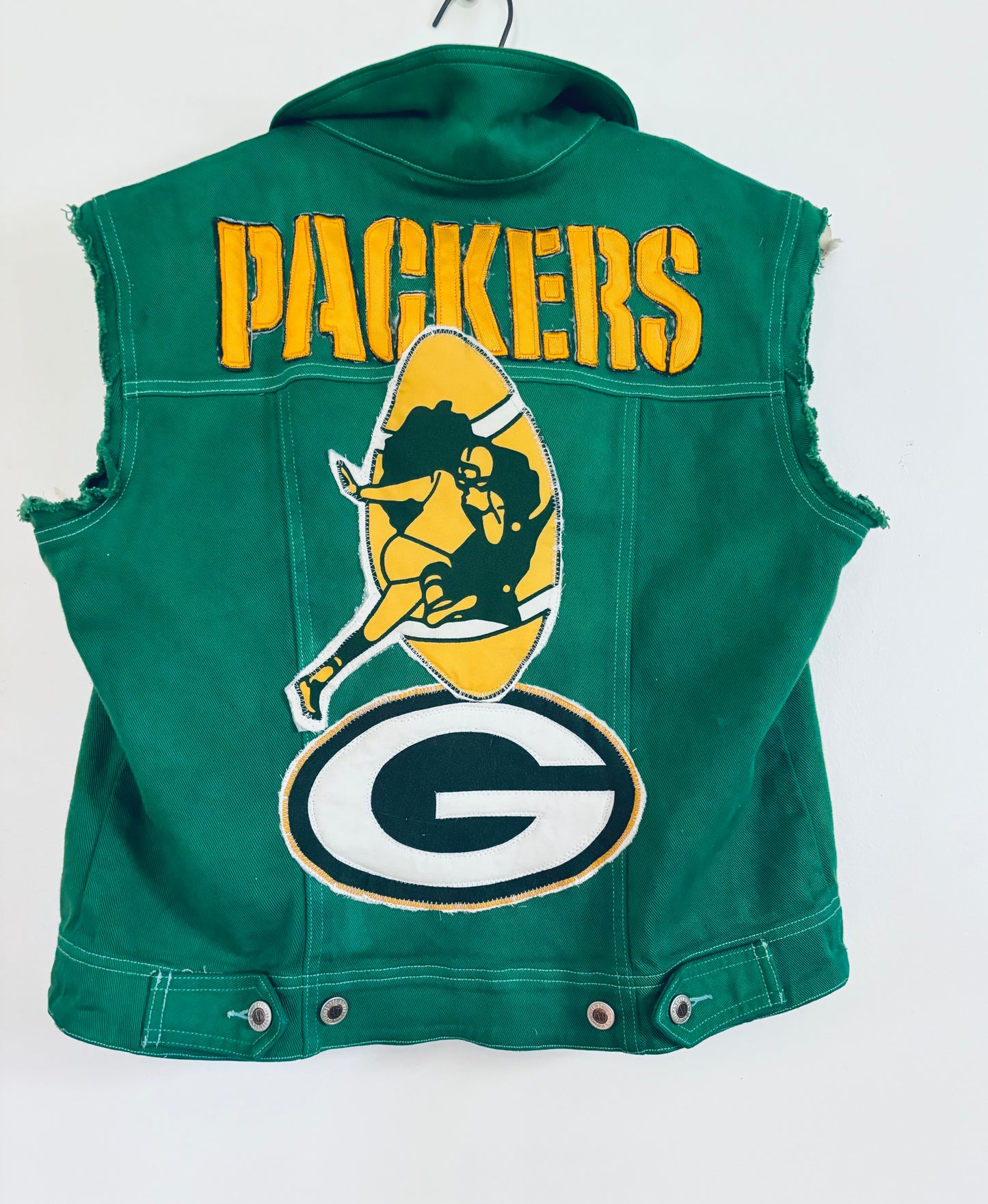 Reworked Packers over dyed Game Day Denim Jean Vest