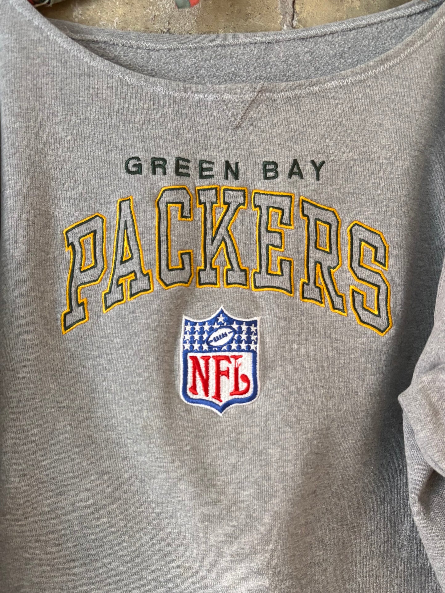 Reworked 90s Cropped off the shoulder Packers GameDay sweatshirt