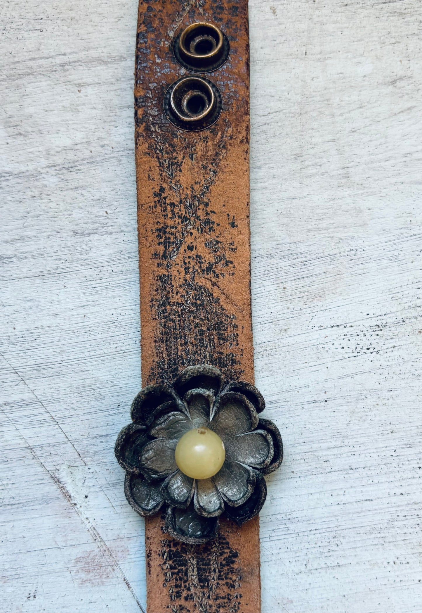 Handmade Distressed Leather Flower Bracelet