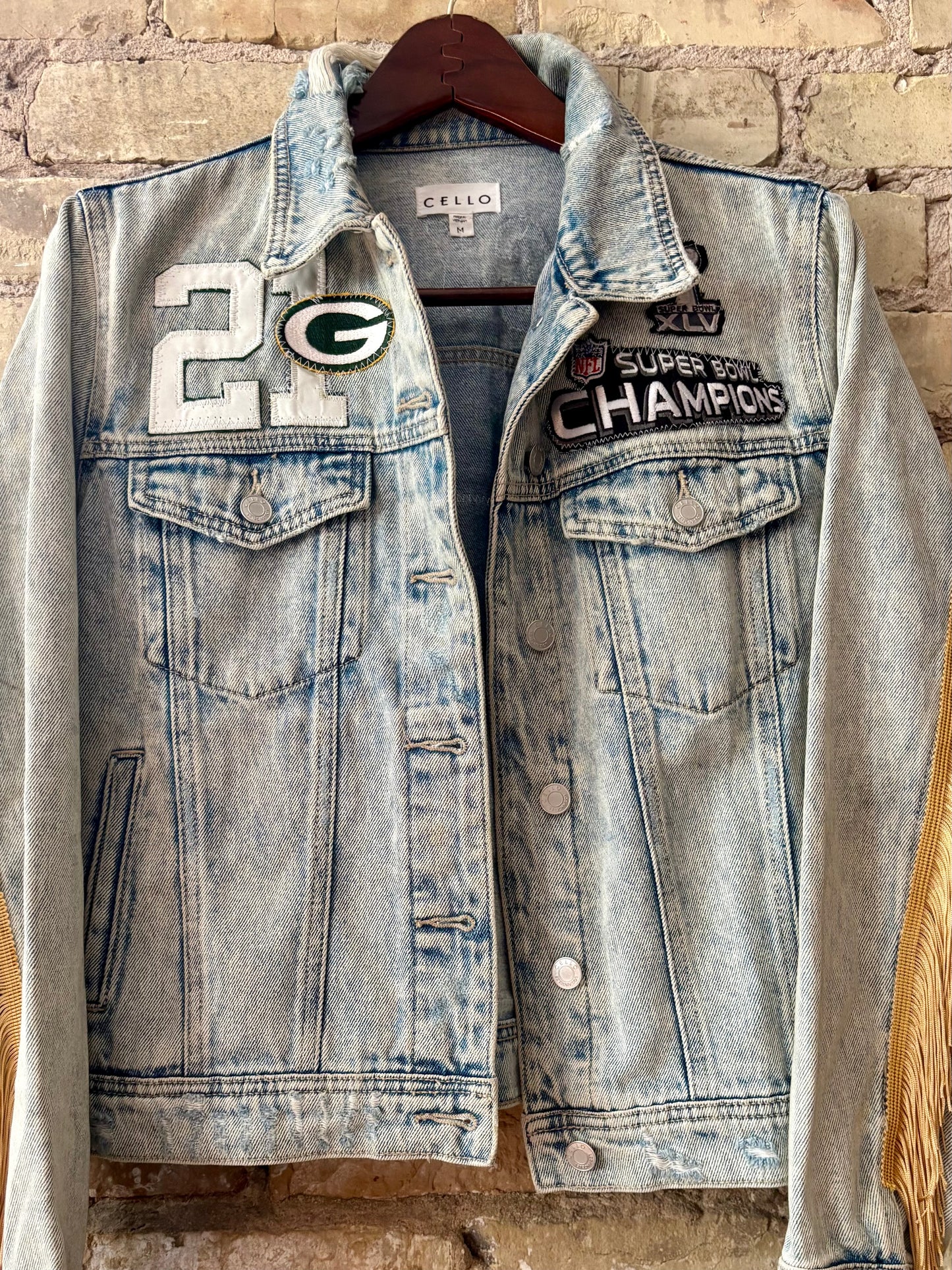 Reworked Distressed Game Day Denim Jean Jacket with Fringe