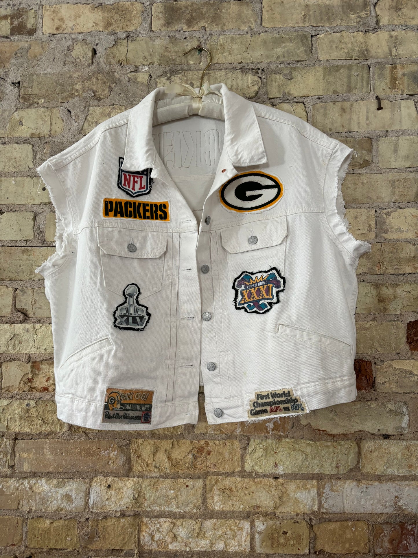 Reworked sleeveless Denim Packers Game Day Denim Vest