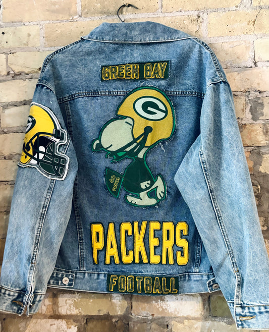 Reworked oversized Retro Game Day Denim Jean Jacket