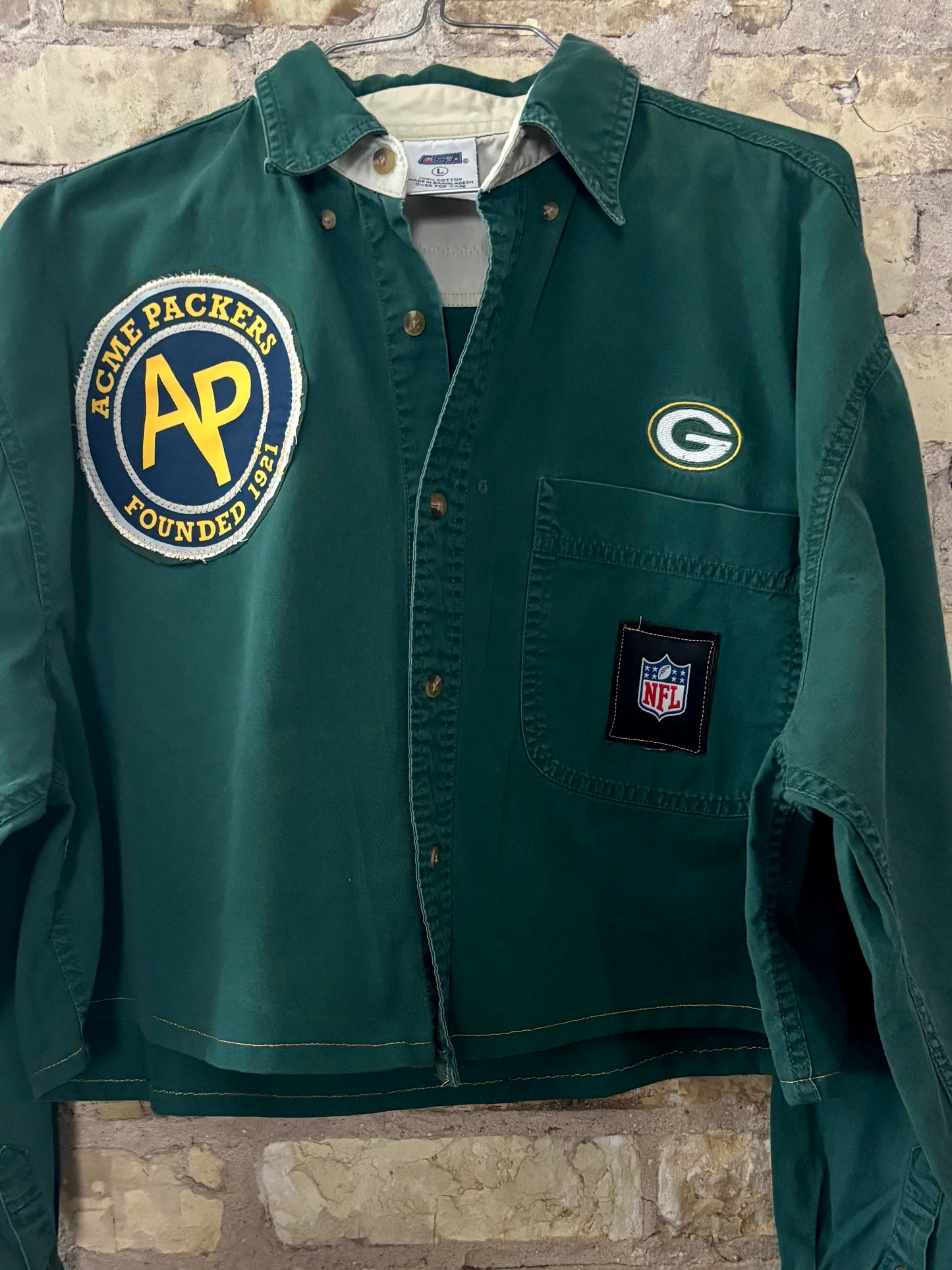Reworked vintage Green Bay Packers Game Day button up cropped Shirt