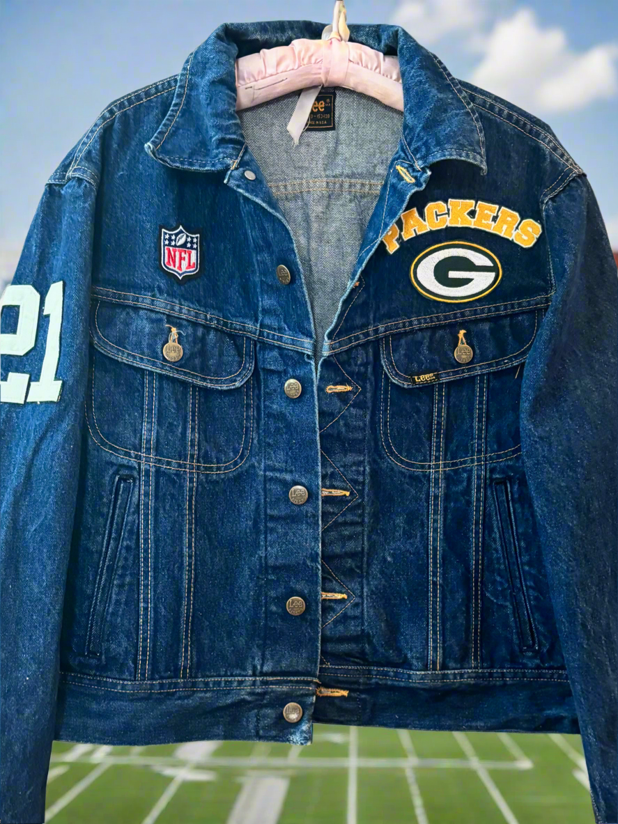 Reworked Vintage  LEE Trucker Dark Washed Indigo Game Day Denim Jean Jacket