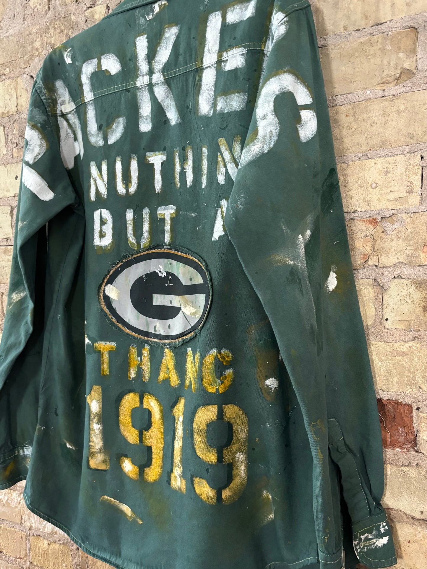 Reworked Retro Paint Splattered Packers Game Day Denim Jean Shirt