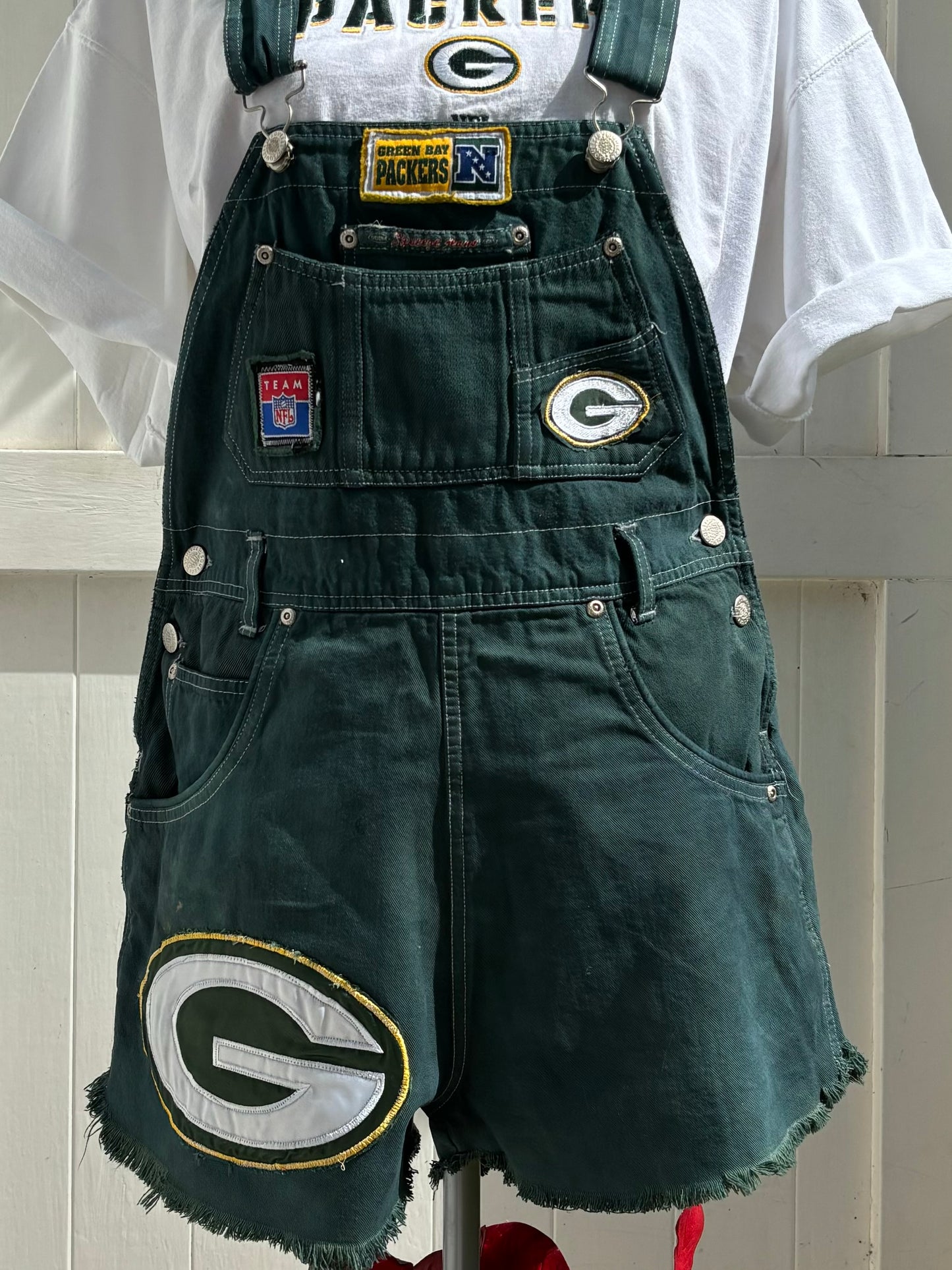 Reworked retro denim GameDay Bib Overall Cutoffs