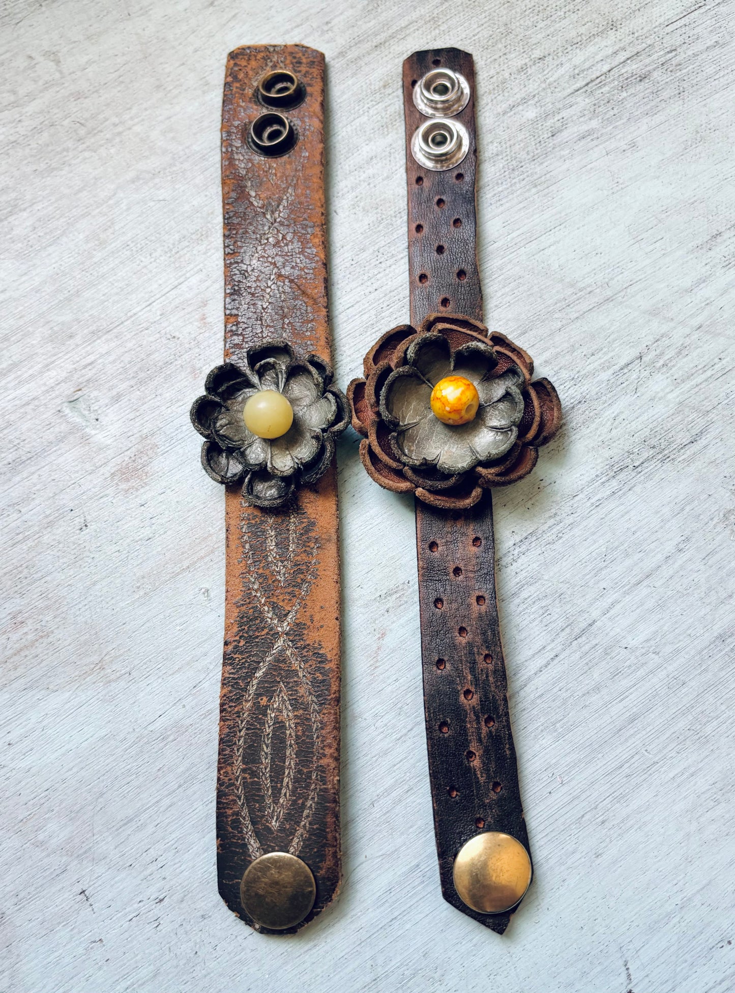 Handmade Distressed Leather Flower Bracelet