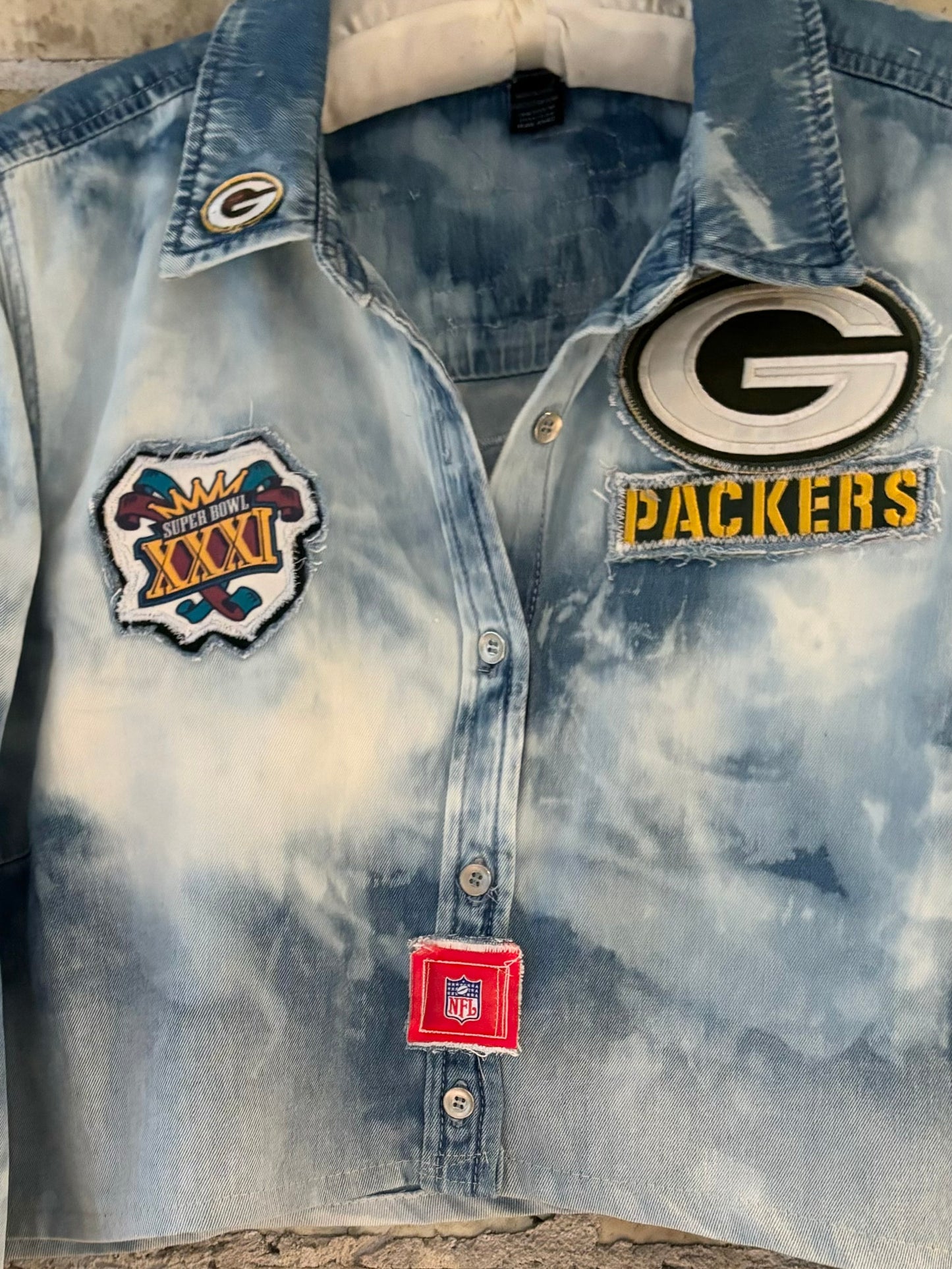 Reworked Game Day cropped distressed Denim Jean Shirt