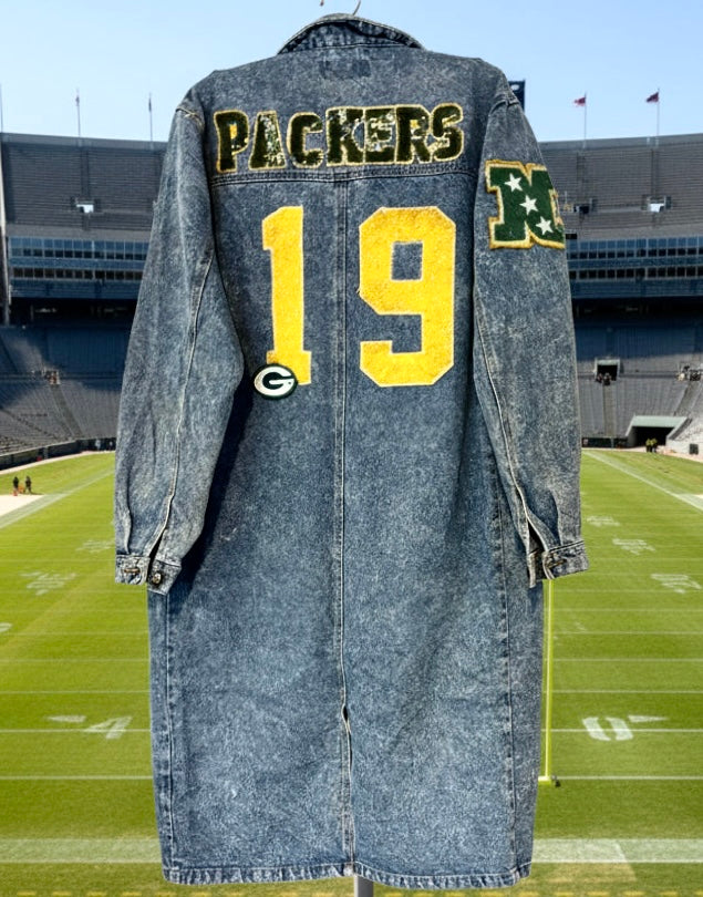 Reworked Packers Retro Game Day Acid Washed Denim Duster Coat