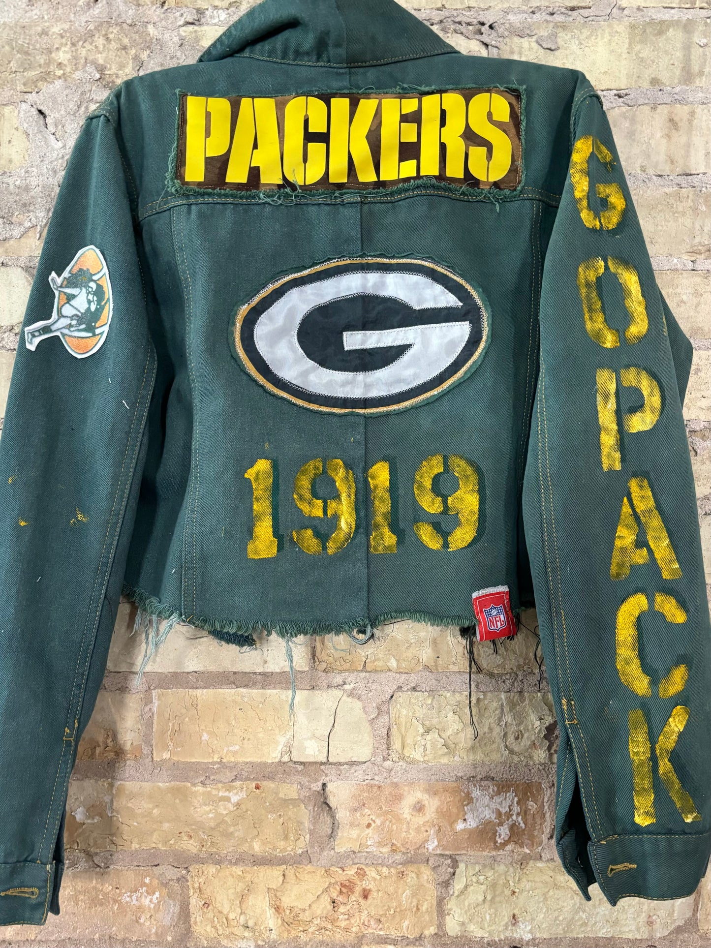 Reworked Spliced Denim Packers Game Day Jacket