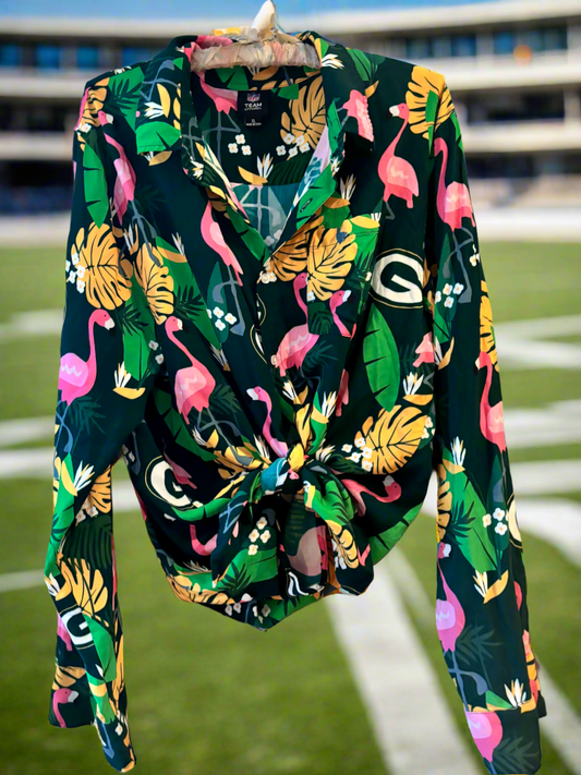 Retro Woman’s Green Bay PACKERS NFL all over Print S/S Flamingo  Hawaiian Shirt