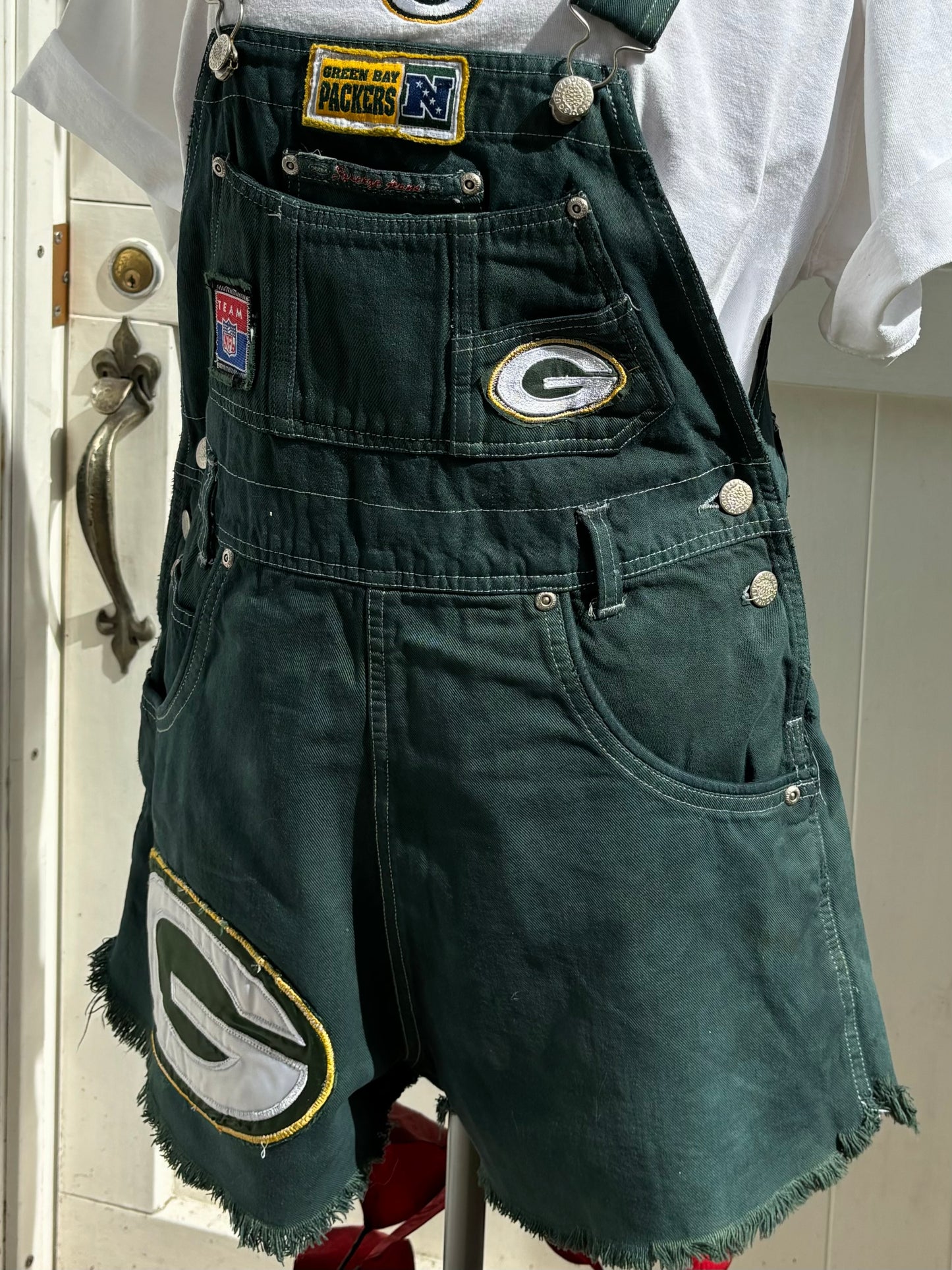 Reworked retro denim GameDay Bib Overall Cutoffs