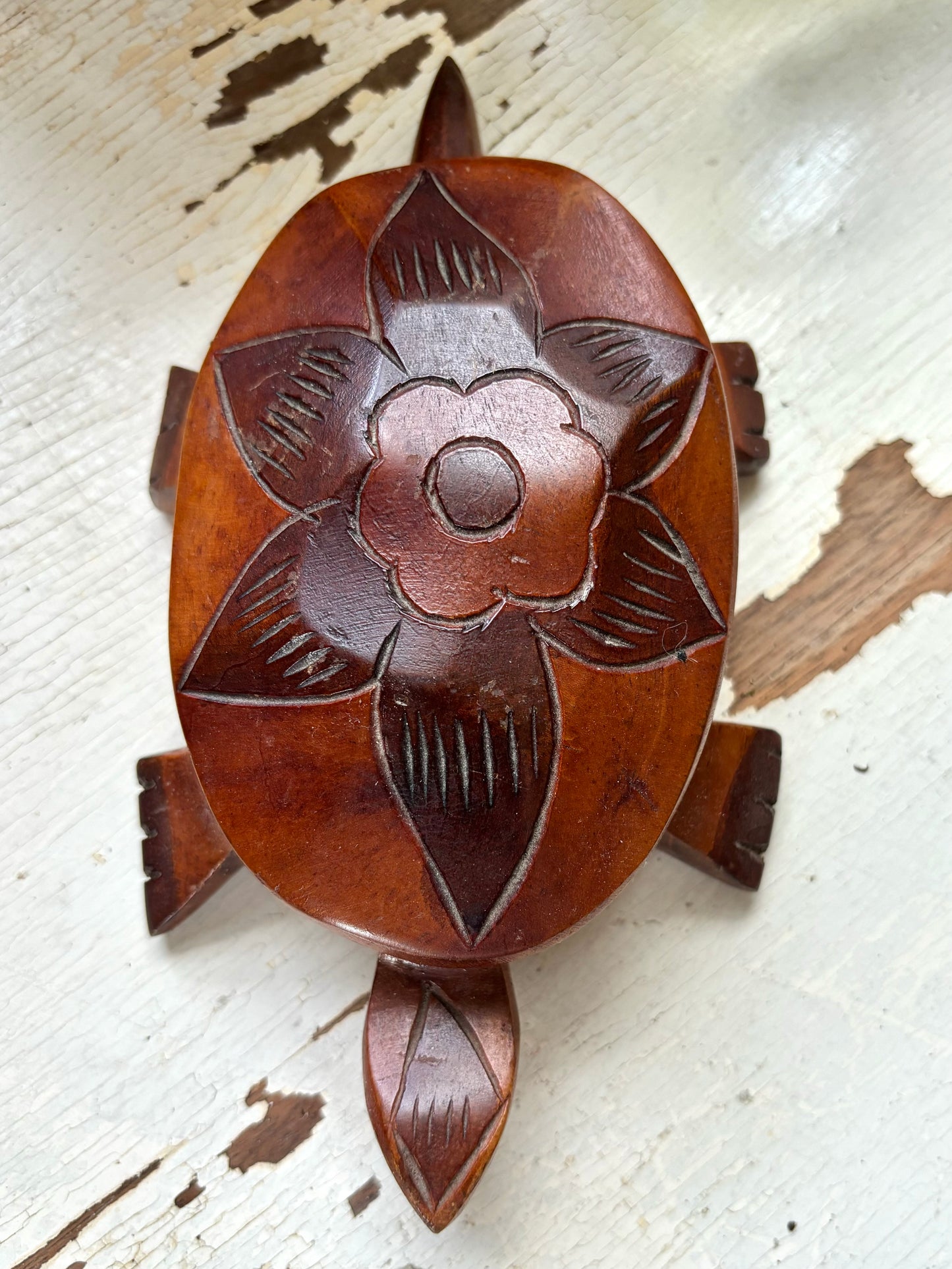 Vintage Hand Carved Wooden Sea Turtle Lotus Flower Trinket Dish with Cover LIMOGES FRANCE Collectable Iris floral trinket dish Tray