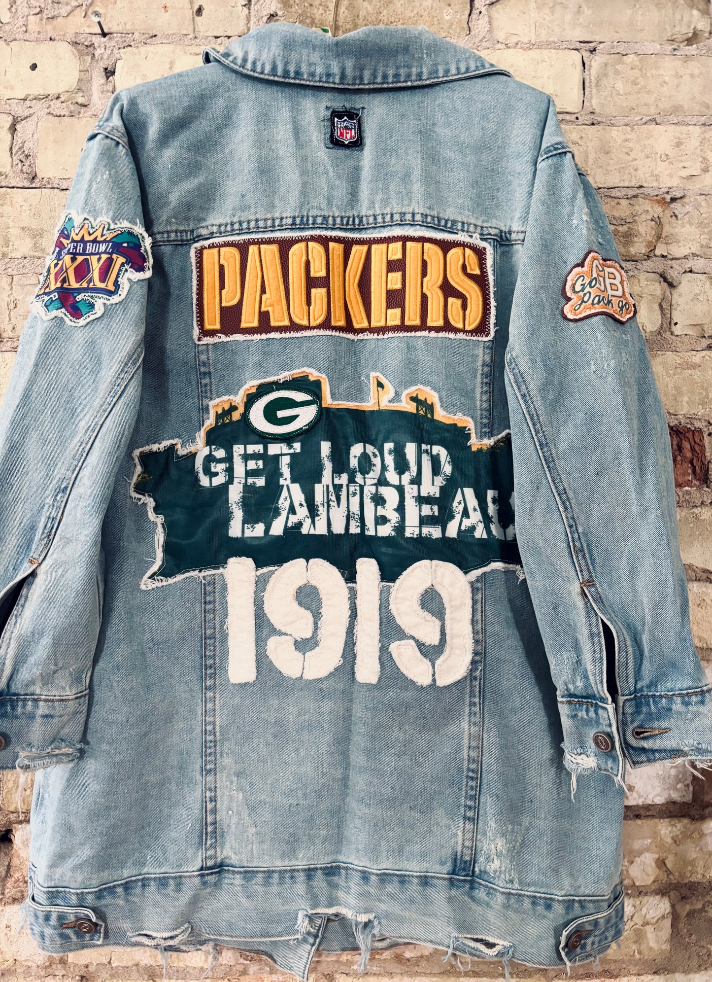 Reworked Packers long Retro Game Day Denim Jean Jacket