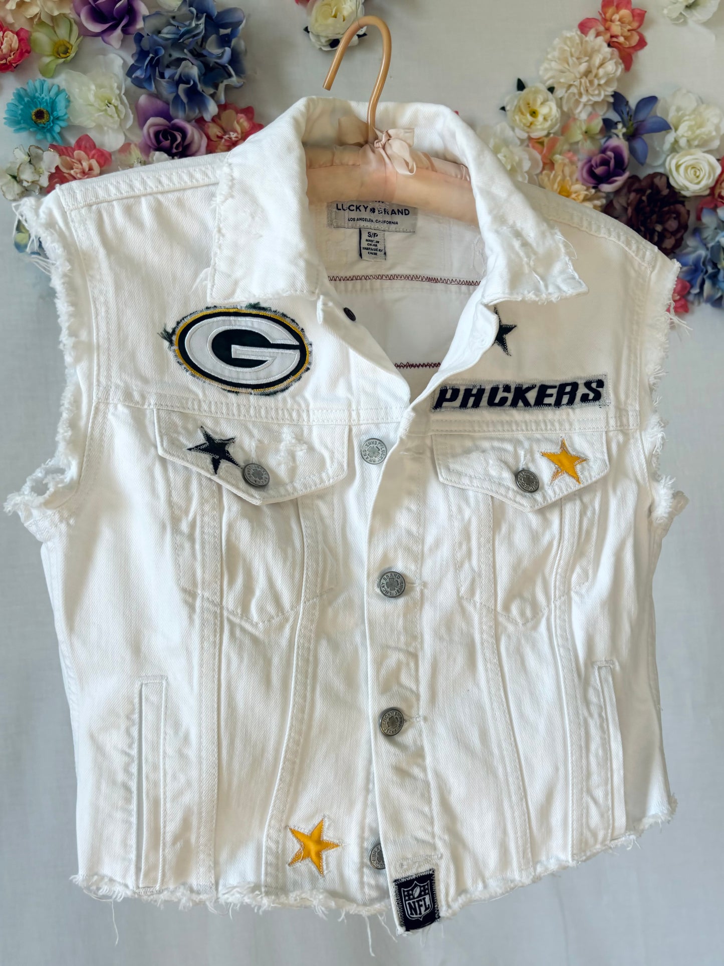 Reworked Packers cropped Game Day Denim Jean Vest