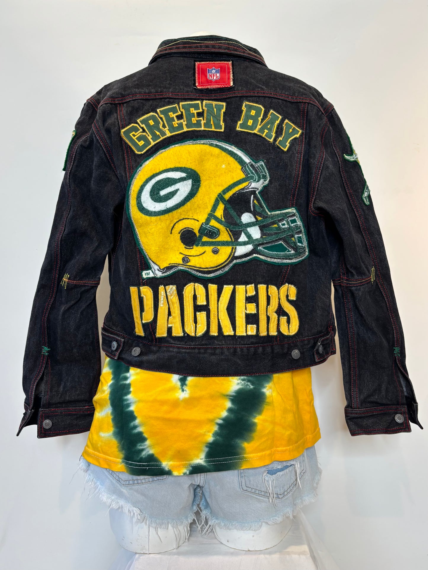 Retro Black Color Stitched Game Day  Denim Jean Jacket