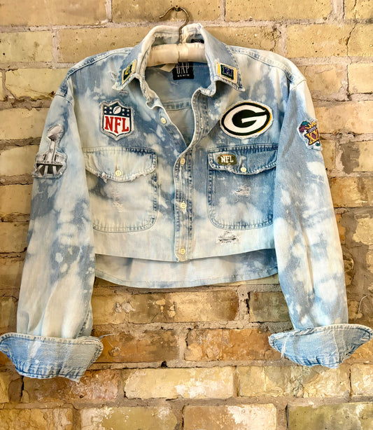 Reworked cropped & distressed Game Day Denim Jean Shirt