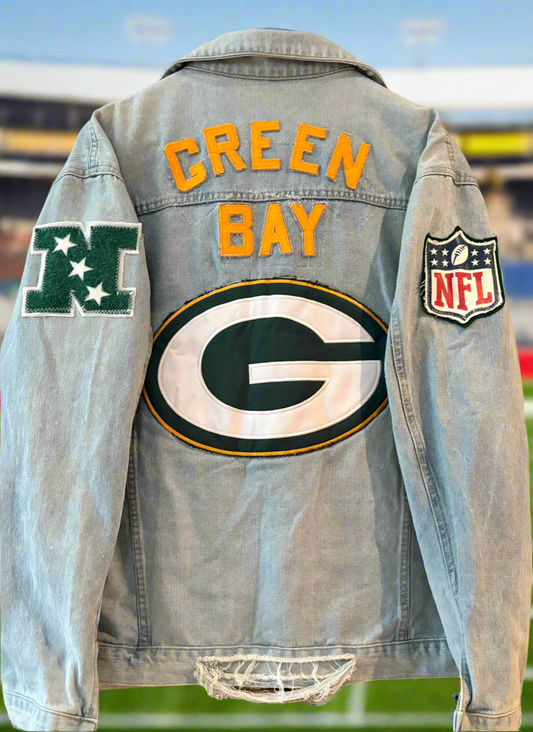 Reworked distressed Game Day Denim Jean Jacket