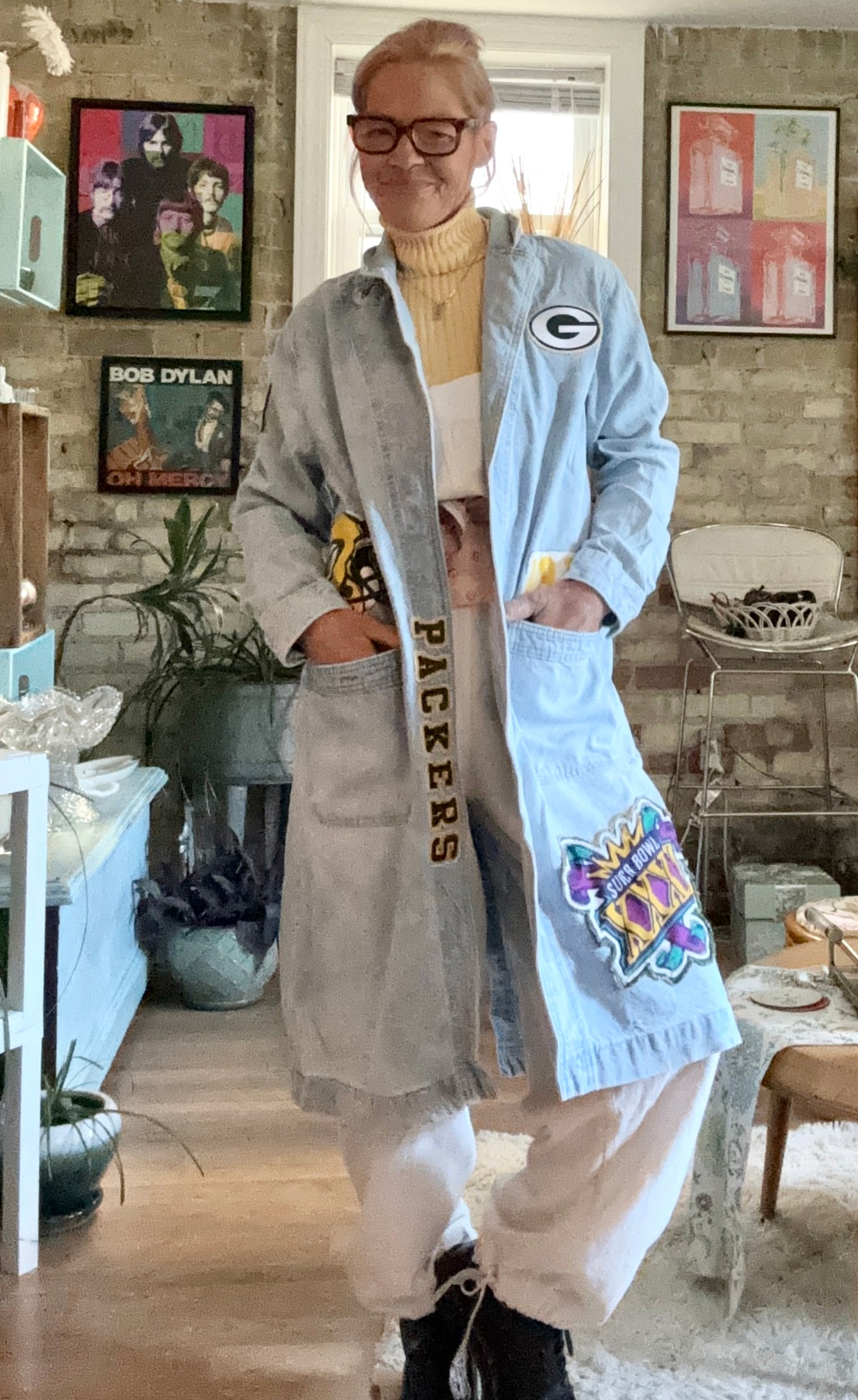 Reworked Packers Retro Game Day Denim Duster Coat