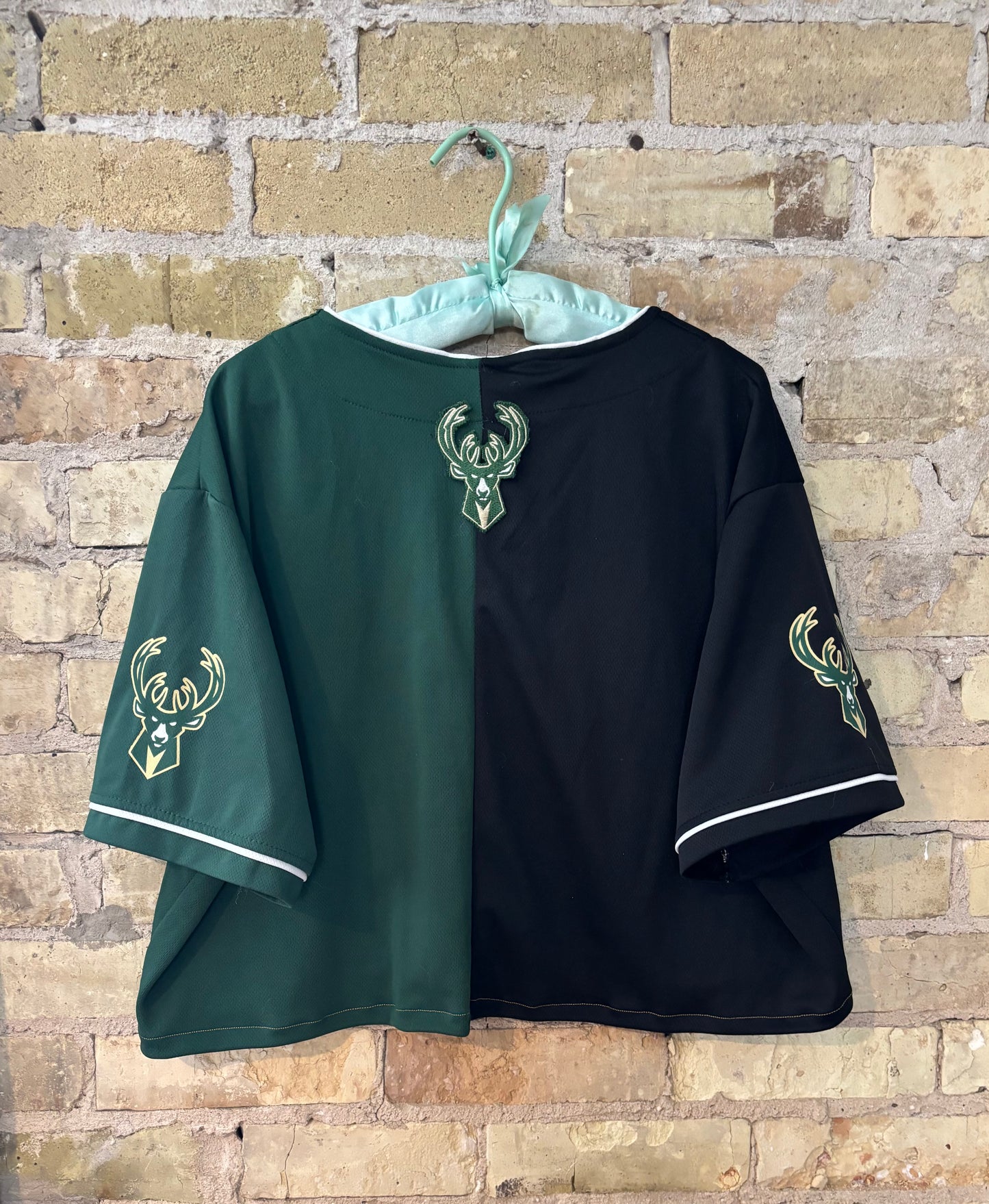 Milwaukee Bucks Button Up Spliced  Cropped Baseball Jersey