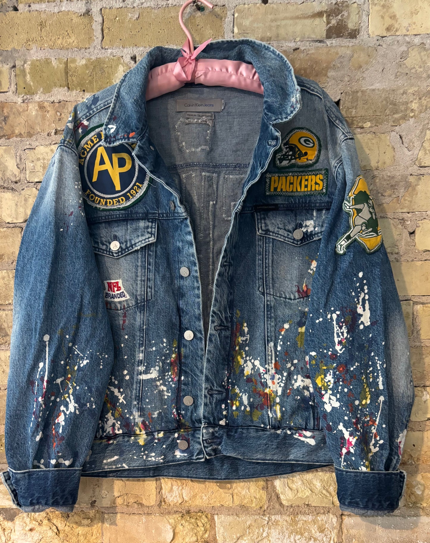 Retro Distressed Game Day Paint Splattered Denim Jean Jacket