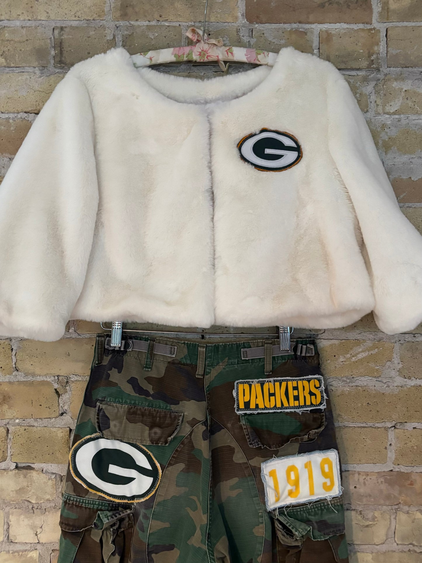 Reworked Faux Fur Packers Game Day Bolero coat Jacket