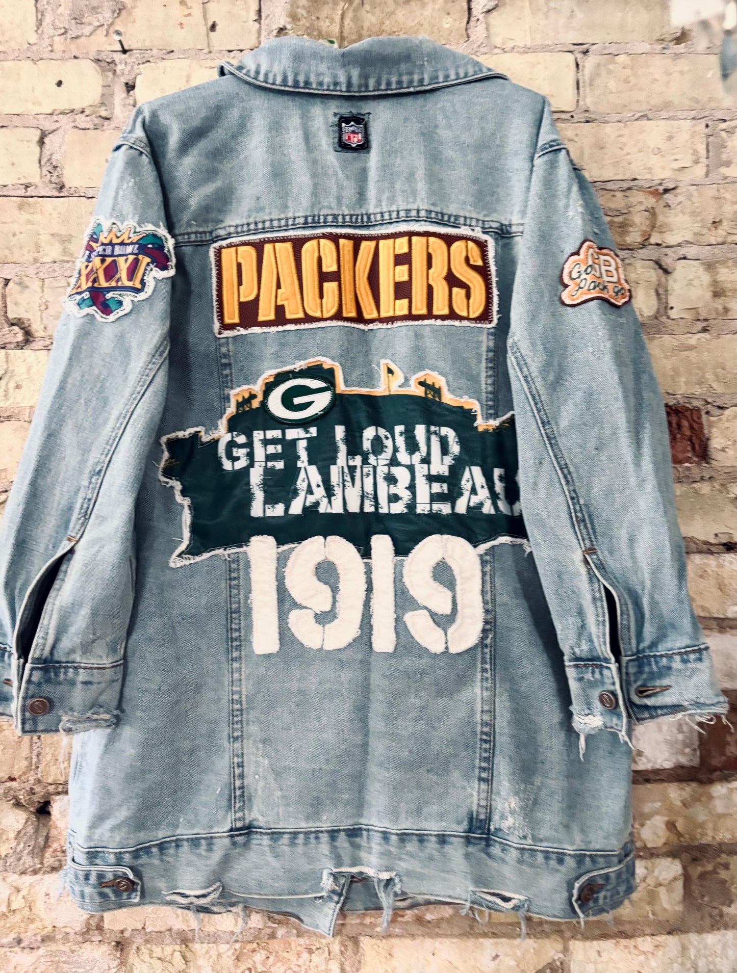 Reworked Packers long Retro Game Day Denim Jean Jacket