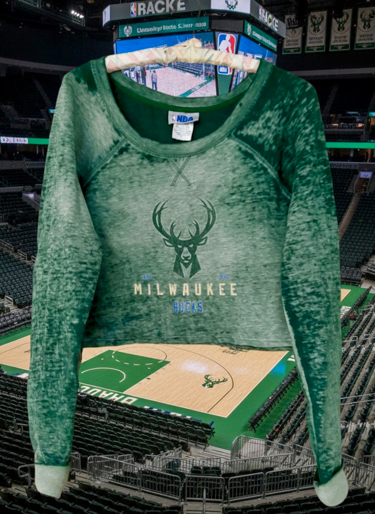 Reworked Milwaukee Bucks Boat Neck Cropped pullover Sweatshirt