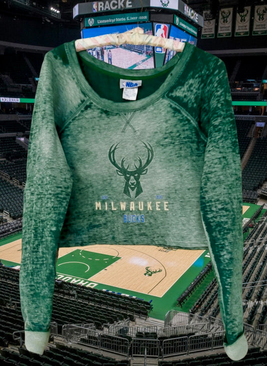 Reworked Milwaukee Bucks Boat Neck Cropped pullover Sweatshirt