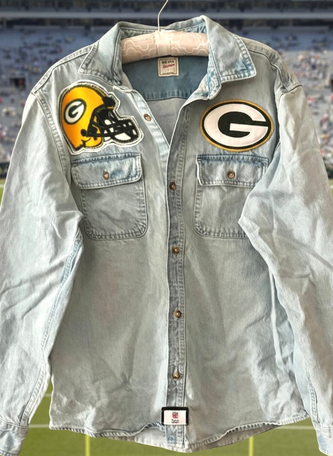 Reworked Retro Stonewashed Game Day Denim Packers/Bears Rivalry Jean Shirt