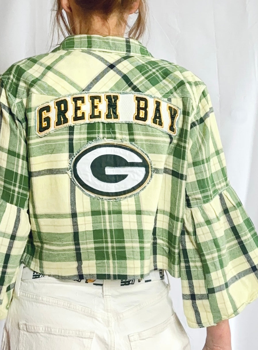 Reworked Packers cropped Game Day Flannel Shirt