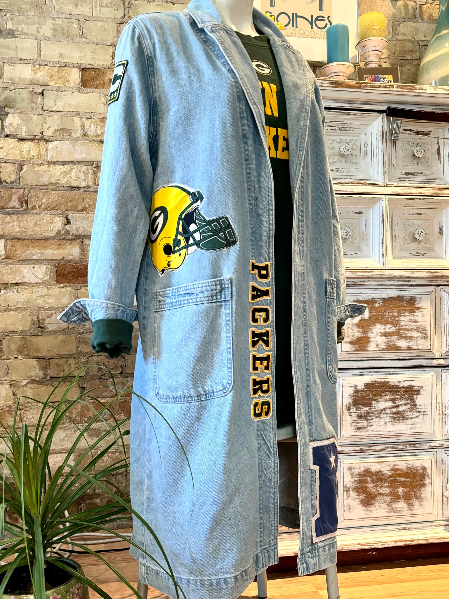 Reworked Packers Retro Game Day Denim Duster Coat