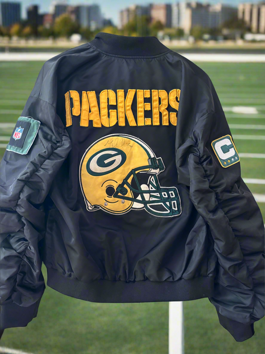 Reworked Green Bay Packers Black Satin Bomber Jacket