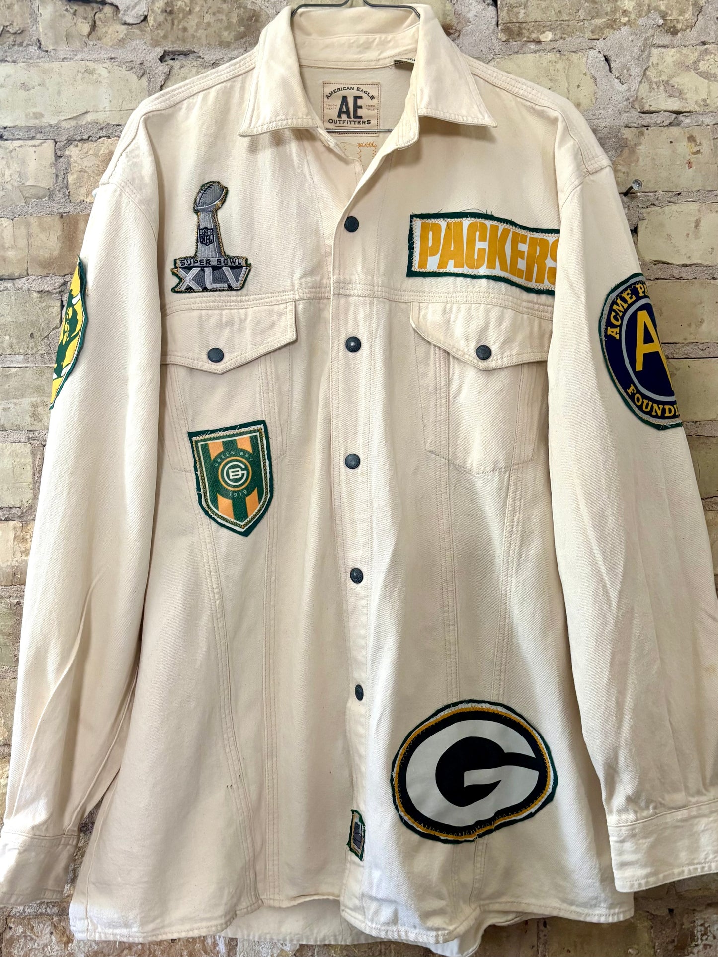 Reworked Retro Packers Game Day Denim snap front work shirt