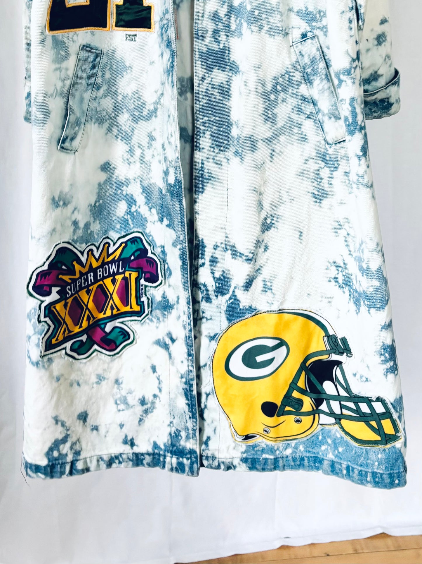 Reworked Packers Retro Game Day Denim Duster Maxi Coat