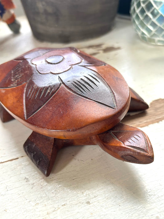 Vintage Hand Carved Wooden Sea Turtle Lotus Flower Trinket Dish with Cover LIMOGES FRANCE Collectable Iris floral trinket dish Tray