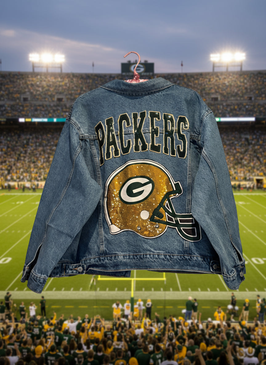 Reworked vintage stonewashed Game day Denim Jacket