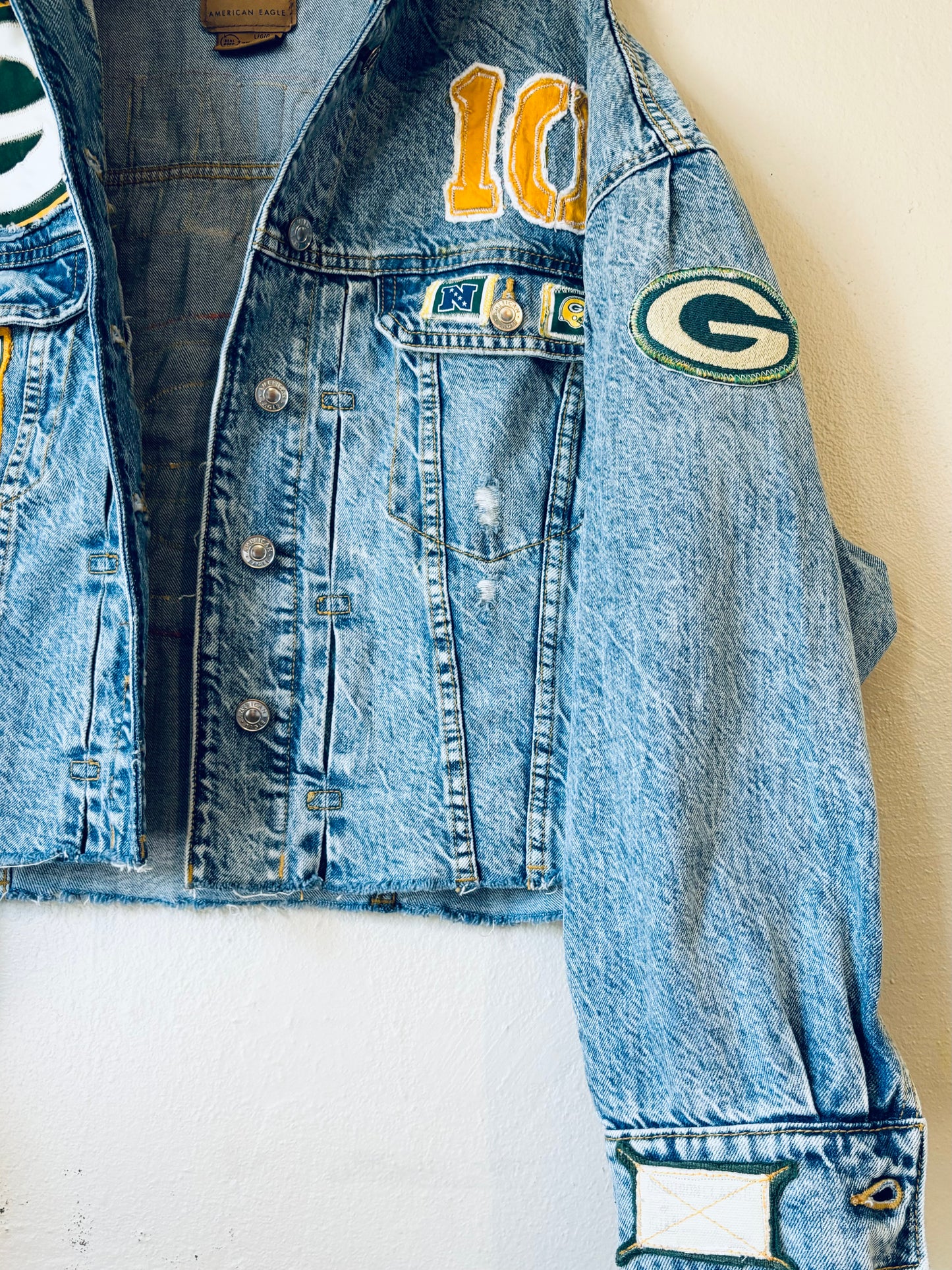 Reworked Retro Acid Washed cropped Game Day Denim Jacket