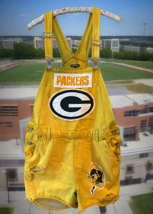 Reworked over dyed Distressed Game Day Bib Overall Cutoffs