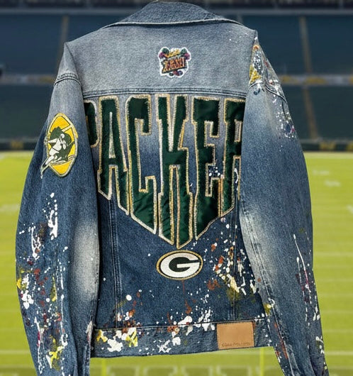 Reworked Retro Distressed Game Day Paint Splattered Custom Denim Jean Jacket