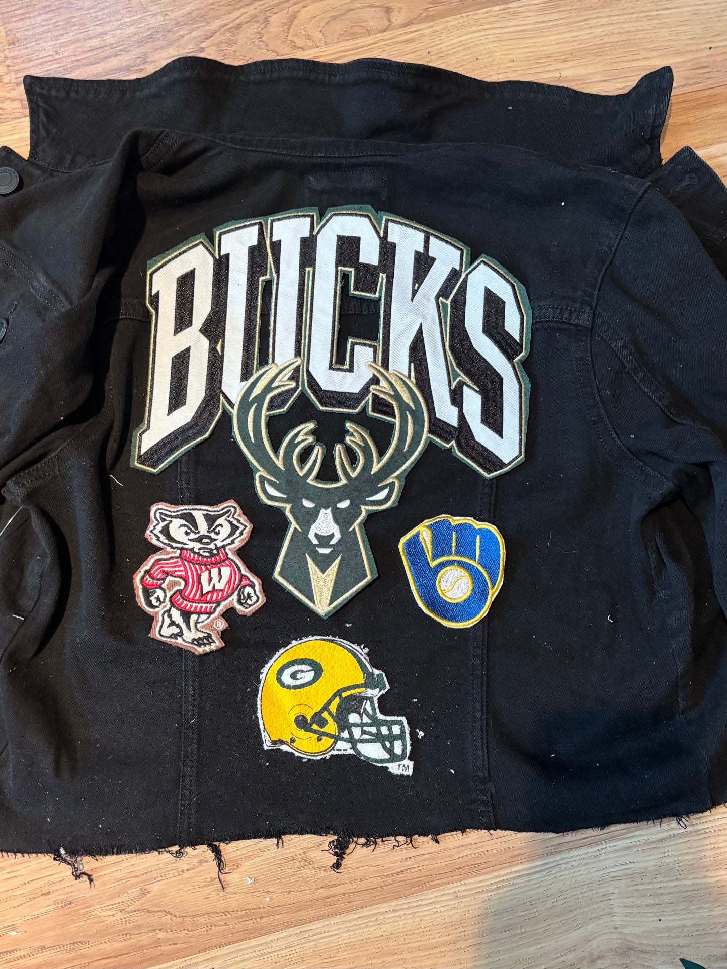 Made to Order Reworked cropped and  Distressed Custom Wisconsin Denim Jean Jacket