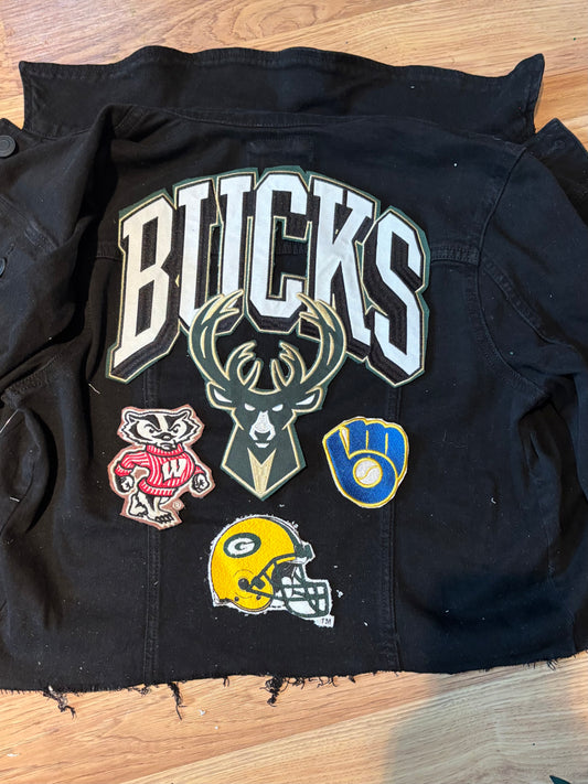 Made to Order Reworked cropped and  Distressed Custom Wisconsin Denim Jean Jacket